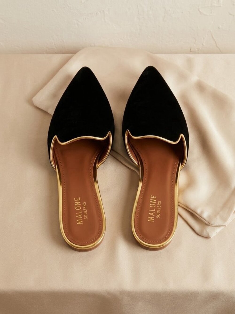 Malone Souliers Black Velvet Gold Trim Maureen Flat Mules Slide Shoes US 7 EU 37